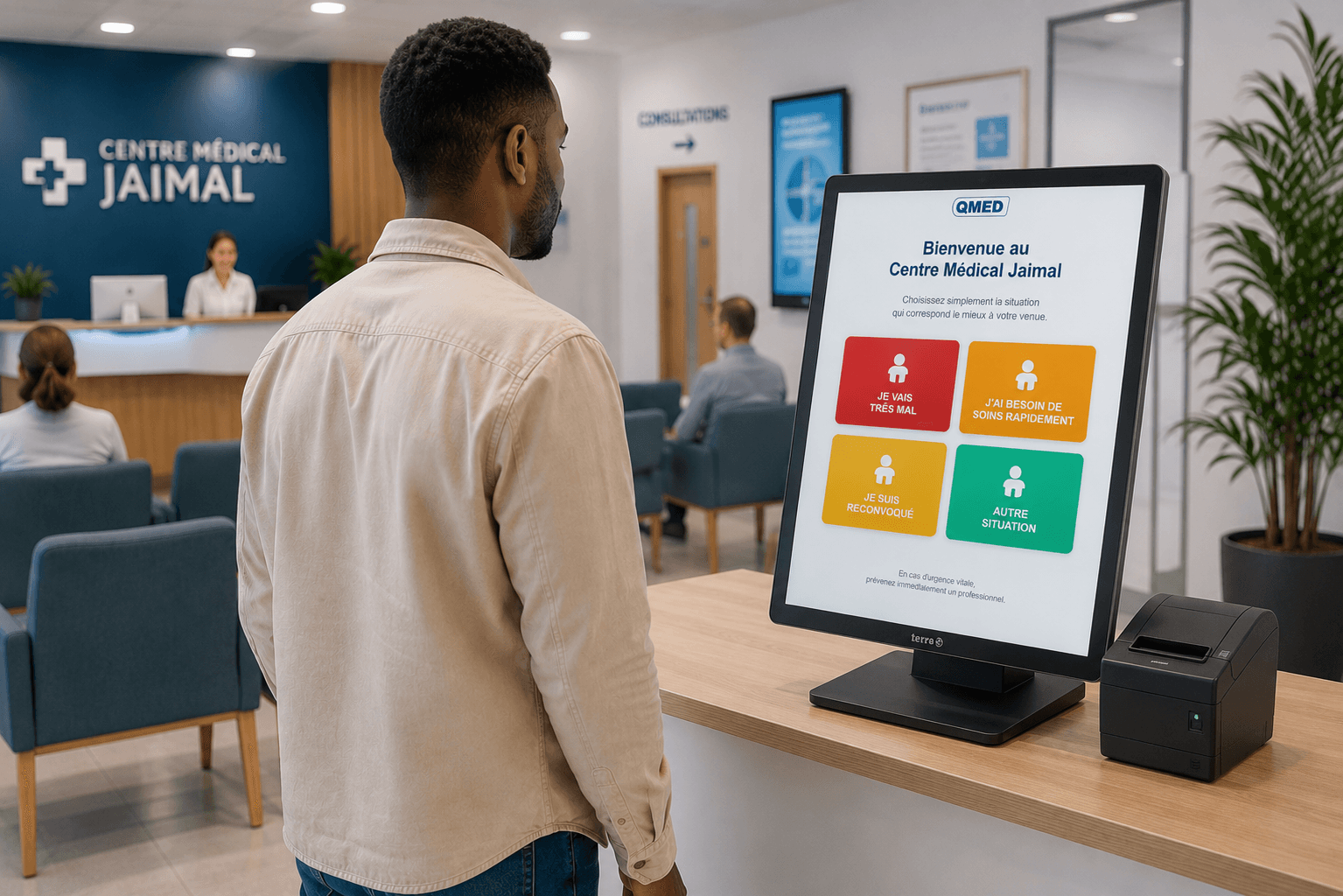 Patient utilisant la borne tactile QMED dans un cabinet médical