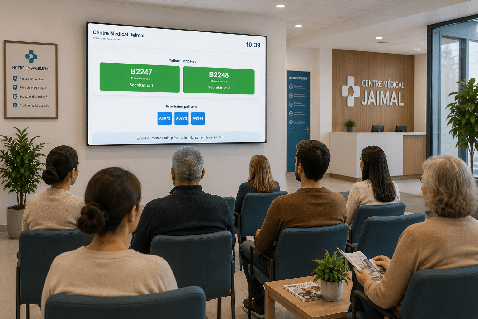 Écran de salle d'attente affichant les appels patients avec QMED