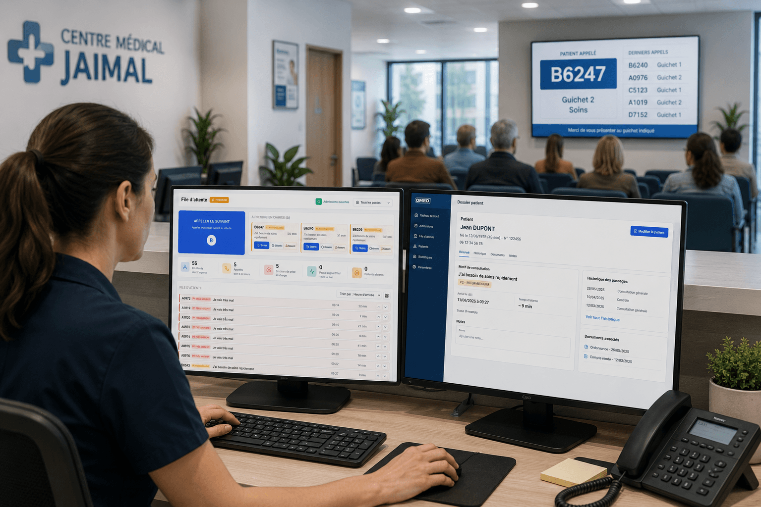 Secrétaire médicale utilisant QMED sur ses ordinateurs pour gérer la file d'attente